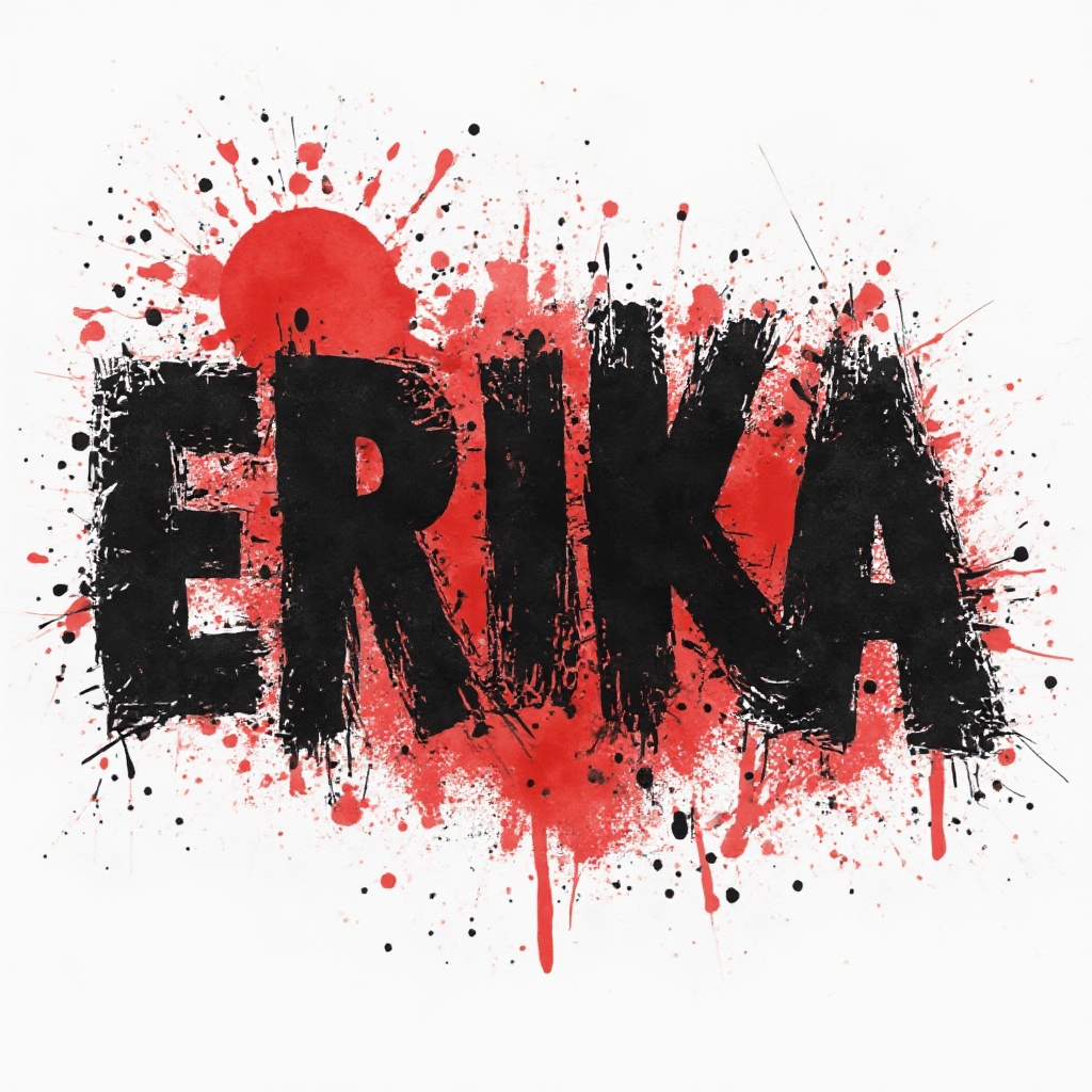 Trash Polka-style tattoo concept with the name erika in bold black and red fractured lettering on a white background.