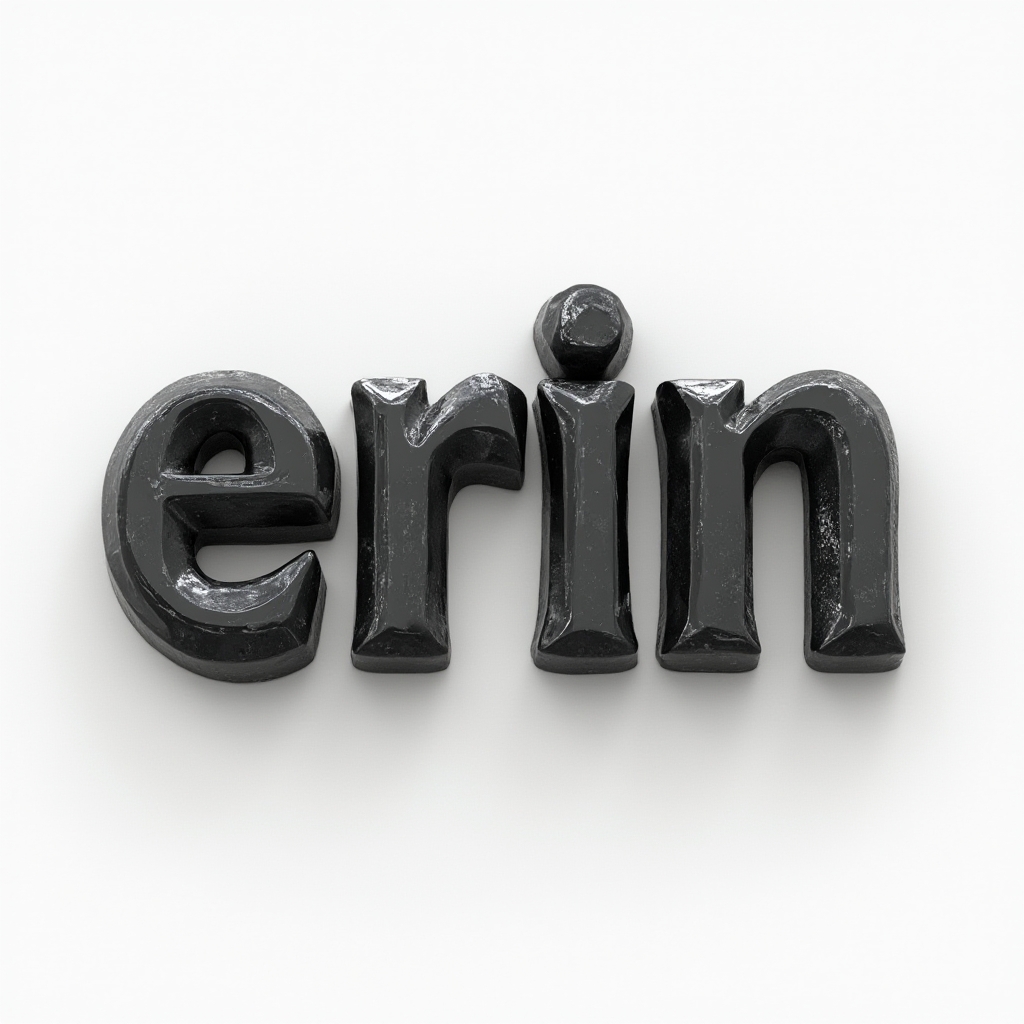 Monochrome 3D sculpted lettering tattoo concept where the name erin appears as a single interlocking dimensional word on white
