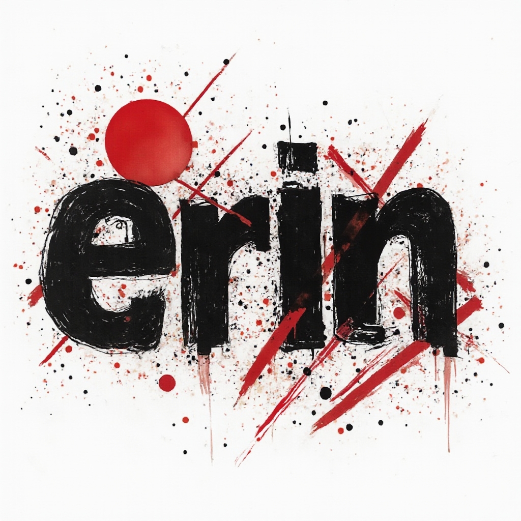 Trash Polka tattoo concept where the name erin is built from bold black lettering, red geometry, and splattered textures on white