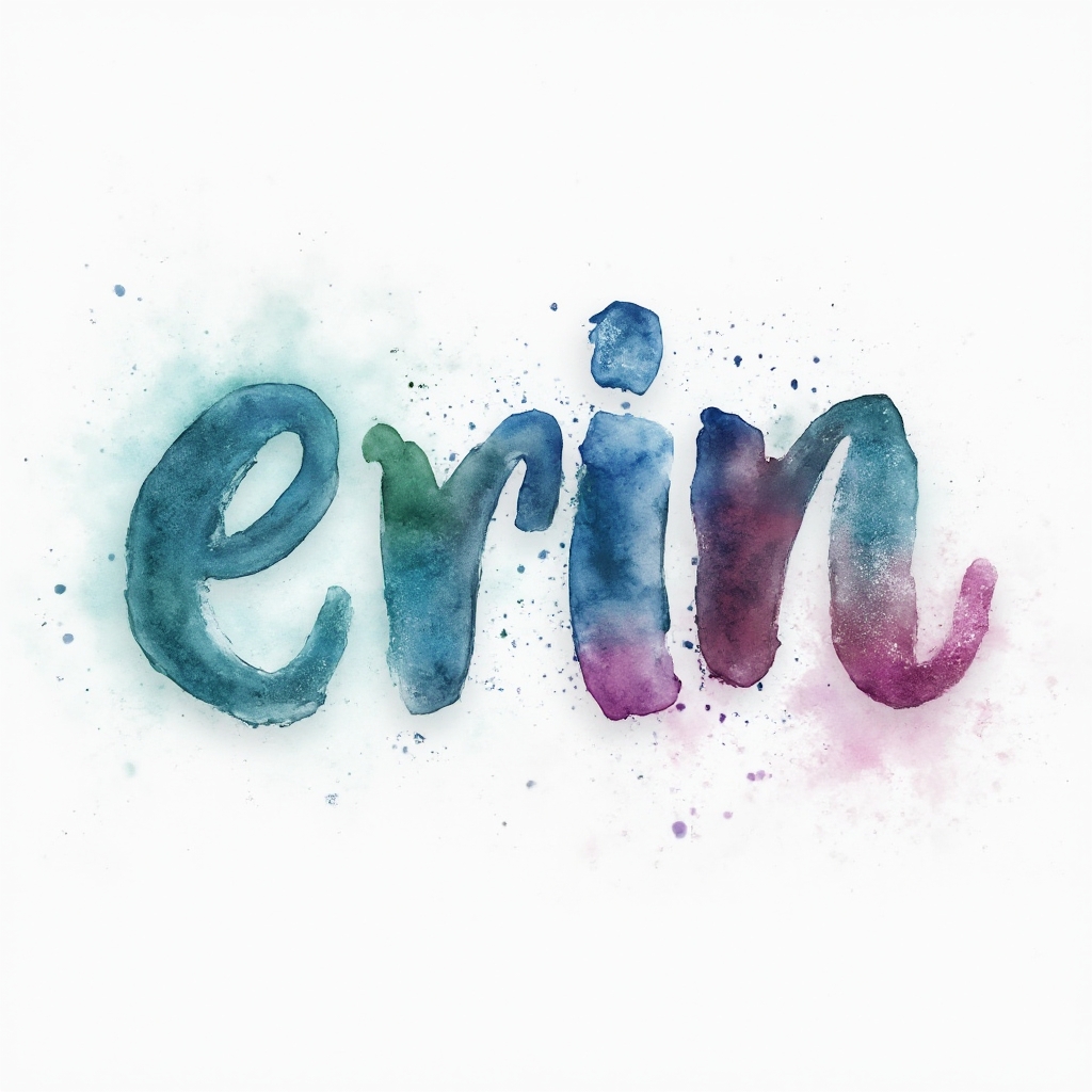 Watercolor tattoo concept where the name erin is shaped from flowing colorful brushstrokes on a white background