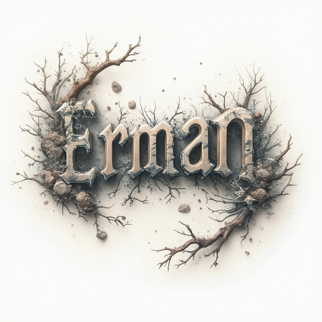 surreal dreamscape tattoo design where the name erman is formed by melting structures and floating shapes on a white background