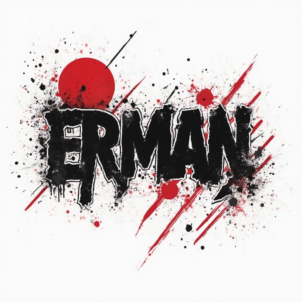 trash polka style tattoo design with the name erman built from bold black and red strokes and splatters on a white background