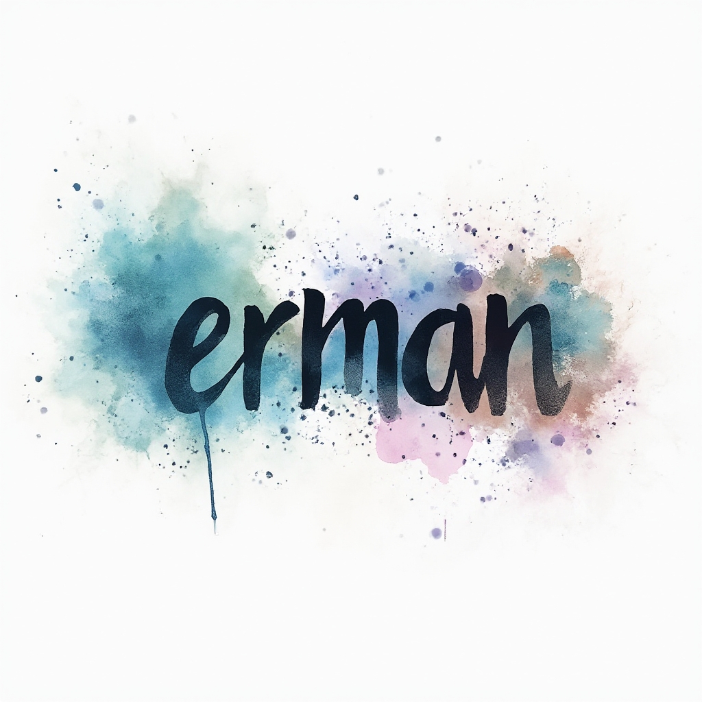 watercolor abstract tattoo design with the name erman blended into colorful flowing brushstroke lettering on a white background