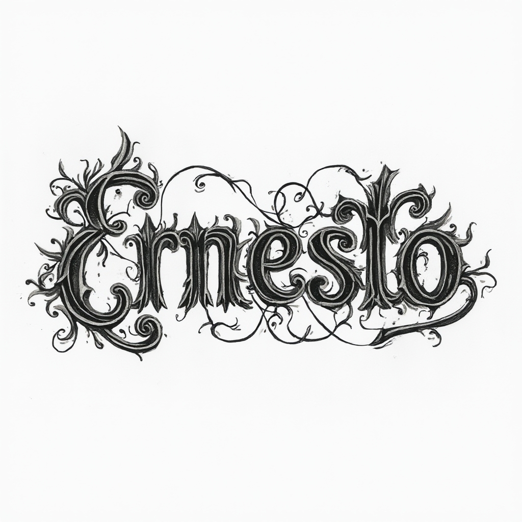 Ornamental black and gray decorative lettering tattoo concept spelling ernesto on a white background