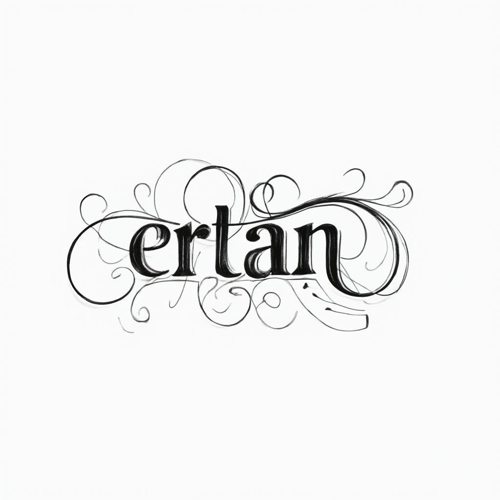 Minimal ornamental line-art tattoo design of the name ertan on a white background