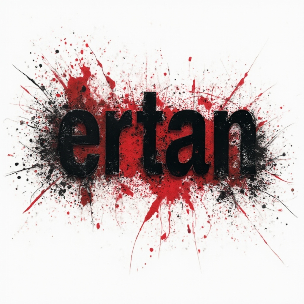 Trash Polka tattoo design of the name ertan with bold black letters and red splashes on a white background
