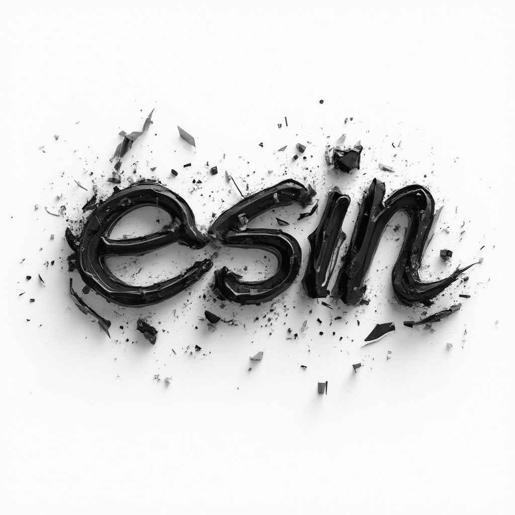 Dimensional flowing monochrome tattoo design of the name esin with layered ink and shadow on white background.