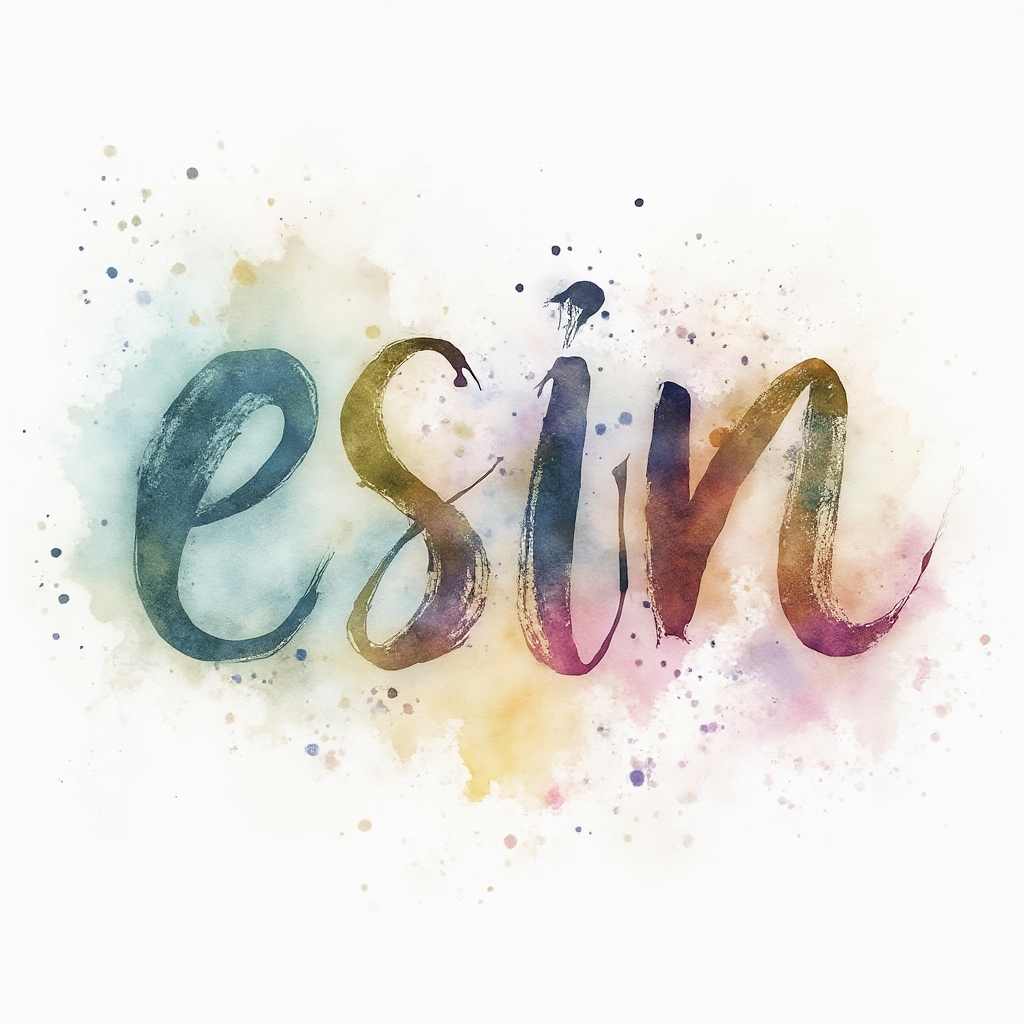 Watercolor tattoo concept of the name esin with fluid brushstroke lettering and colorful splashes on white background.