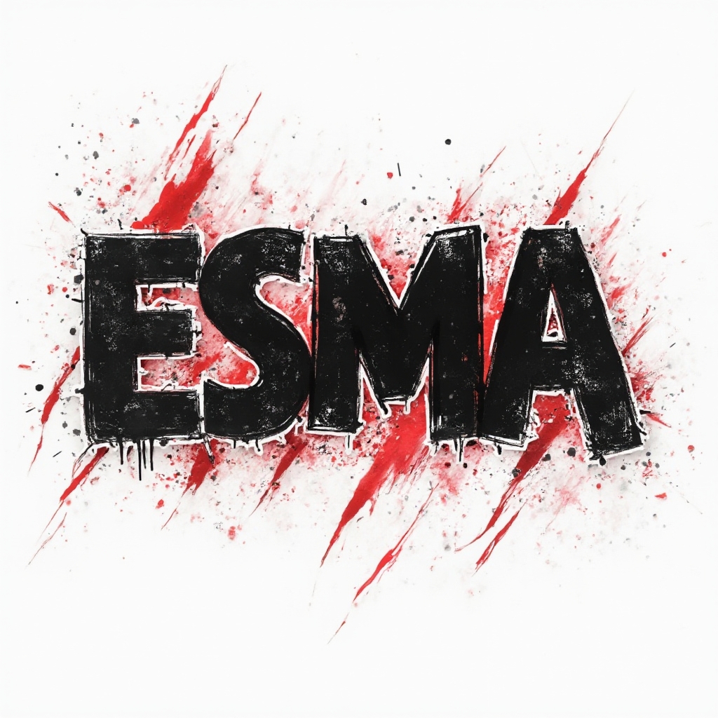 Trash Polka-style tattoo design of the name esma with distressed black lettering, red accents, and grunge textures on white.