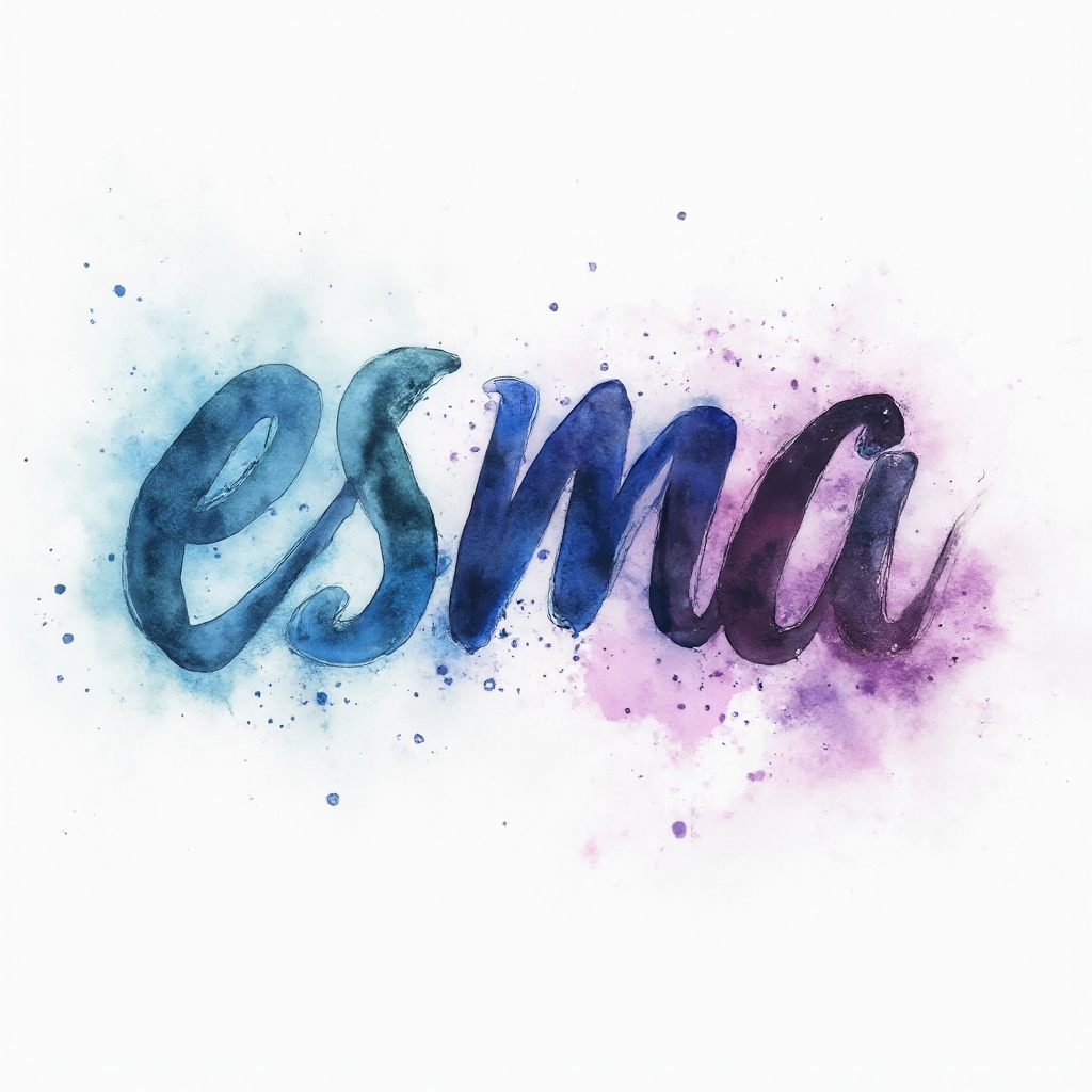 Watercolor-style tattoo concept of the name esma formed by colorful brushstroke lettering and splashes on a white background.