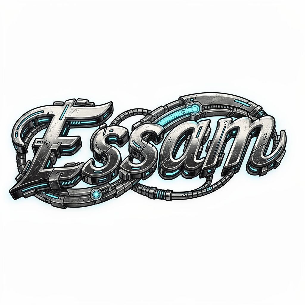 Futuristic biomechanical-inspired tattoo design forming the name Essam