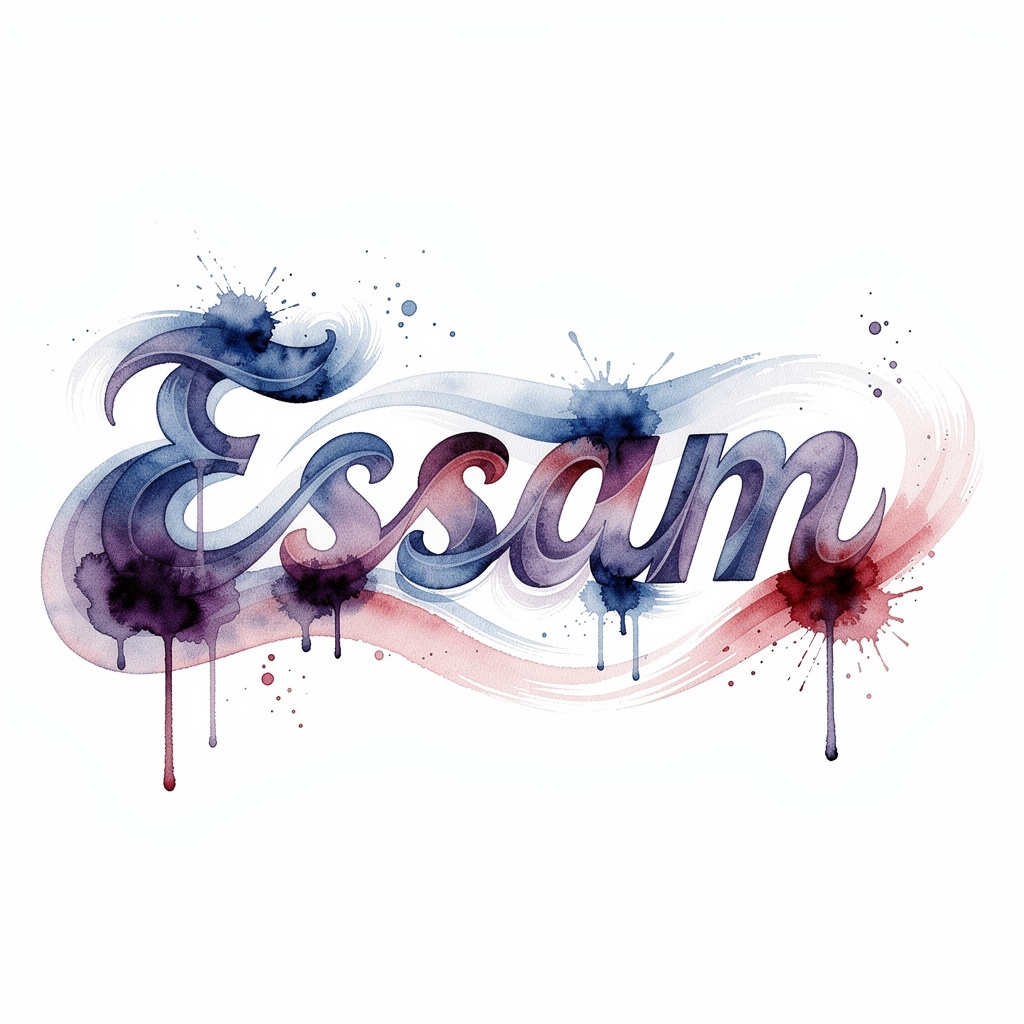 Watercolor tattoo artwork of the name Essam on white background
