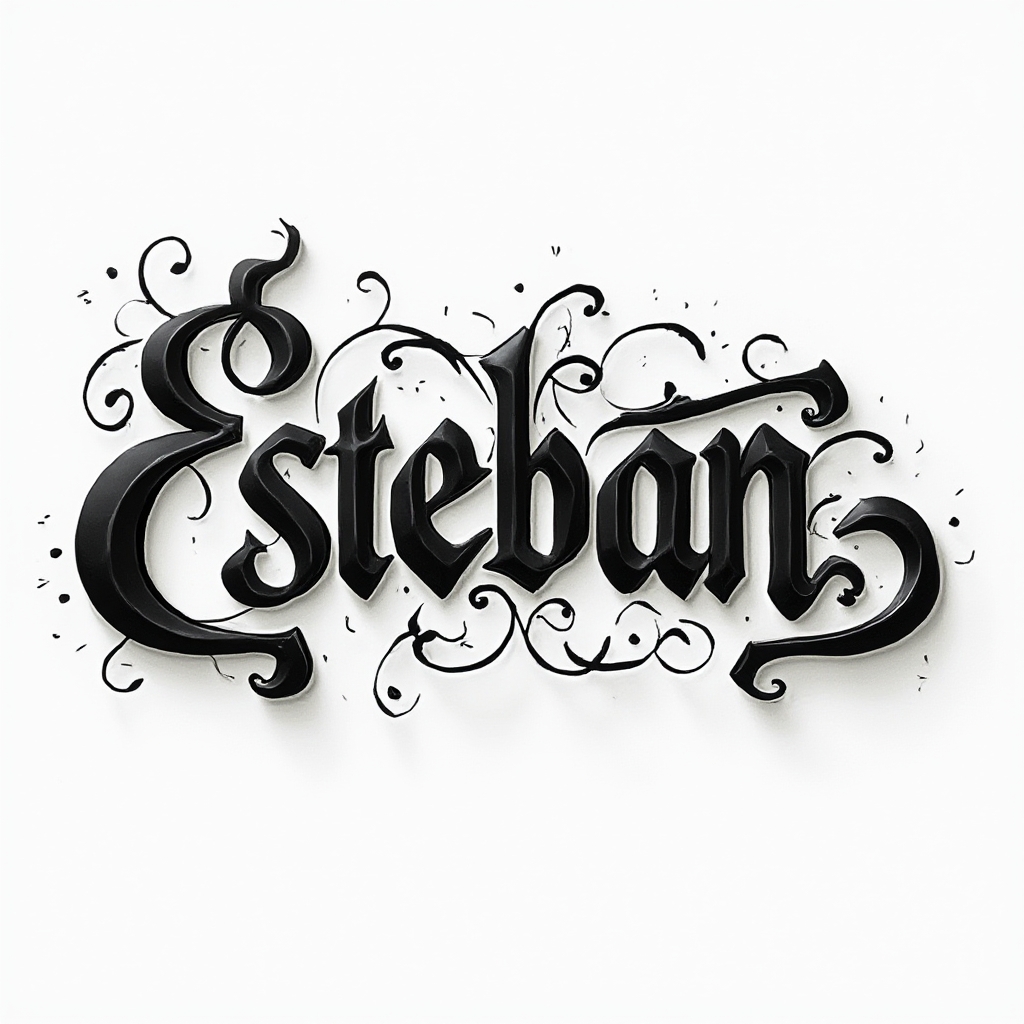Dimensional script tattoo concept of the name esteban with bold black flowing lettering on a white background.
