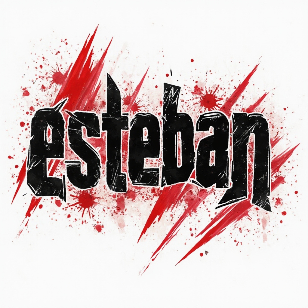 Trash Polka tattoo concept of the name esteban with distressed black and red graphic lettering on a white background.