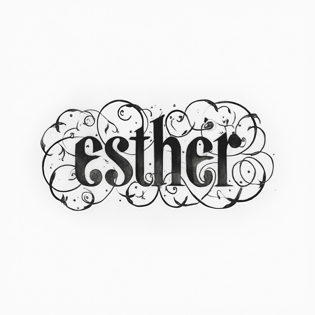 Elegant flowing ornamental tattoo design of the name esther with curved filigree lines on a white background