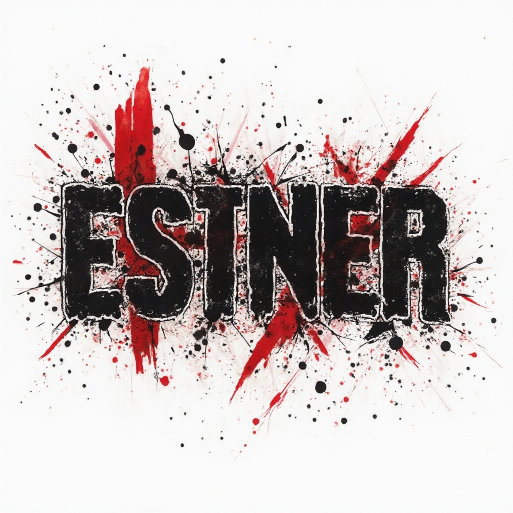 Trash Polka inspired tattoo concept of the name esther with bold black and red abstract chaos on white