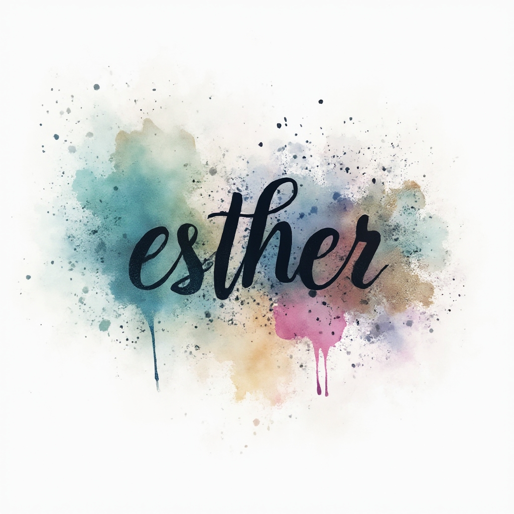 Watercolor tattoo design concept of the name esther with flowing colorful splashes on a white background