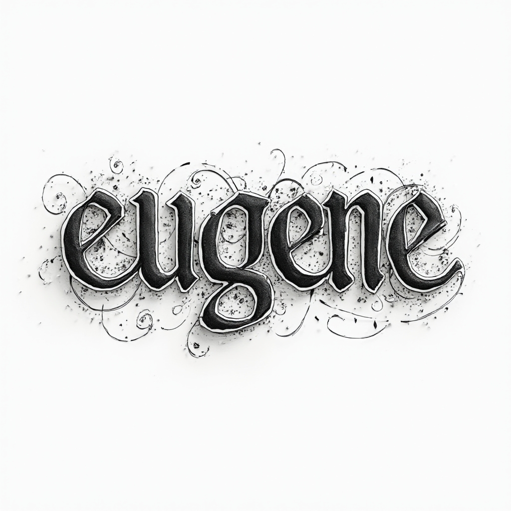 Monochrome ornamental tattoo design of the name eugene with fine lines and dot-texture shading on white.