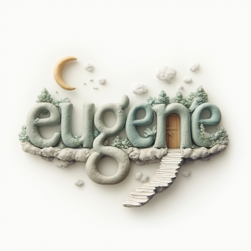 Surrealist tattoo design where the name eugene is built from dreamlike, morphing shapes on a white background.