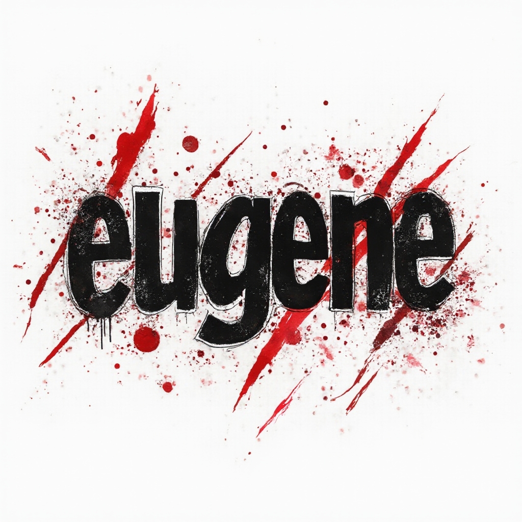 Trash Polka-inspired tattoo design of the name eugene with bold black and red contrasts on white.