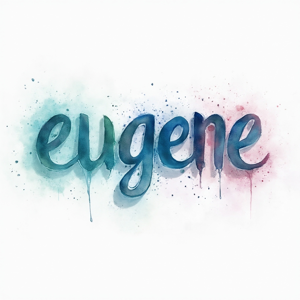 Watercolor-style tattoo design of the name eugene in flowing, colorful ink on a white background.