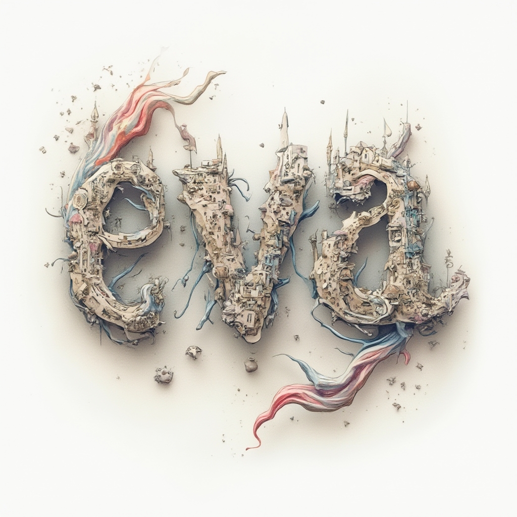 Surreal tattoo concept where the name eva is formed by impossible shapes and dreamlike structures on a white background.