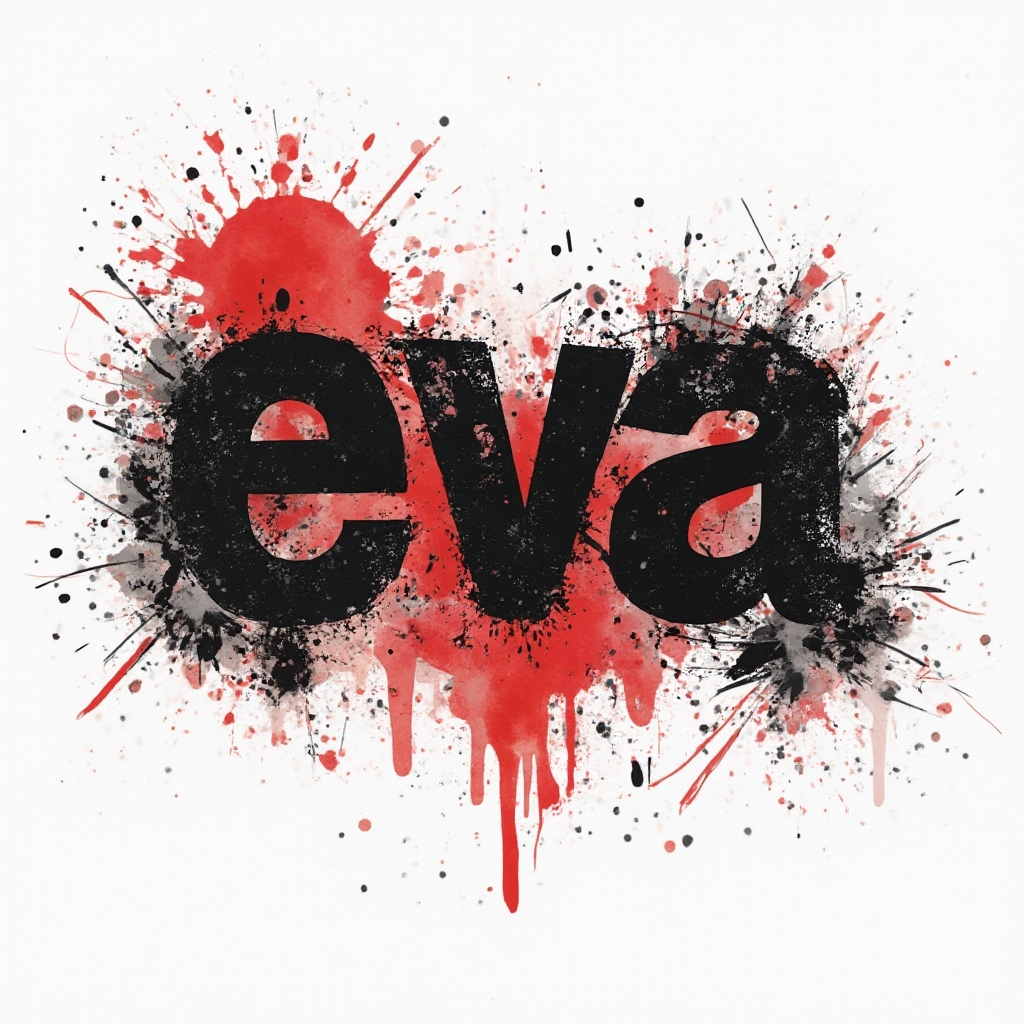 Trash Polka tattoo concept where the name eva is built from bold black strokes and red splashes on a white background.