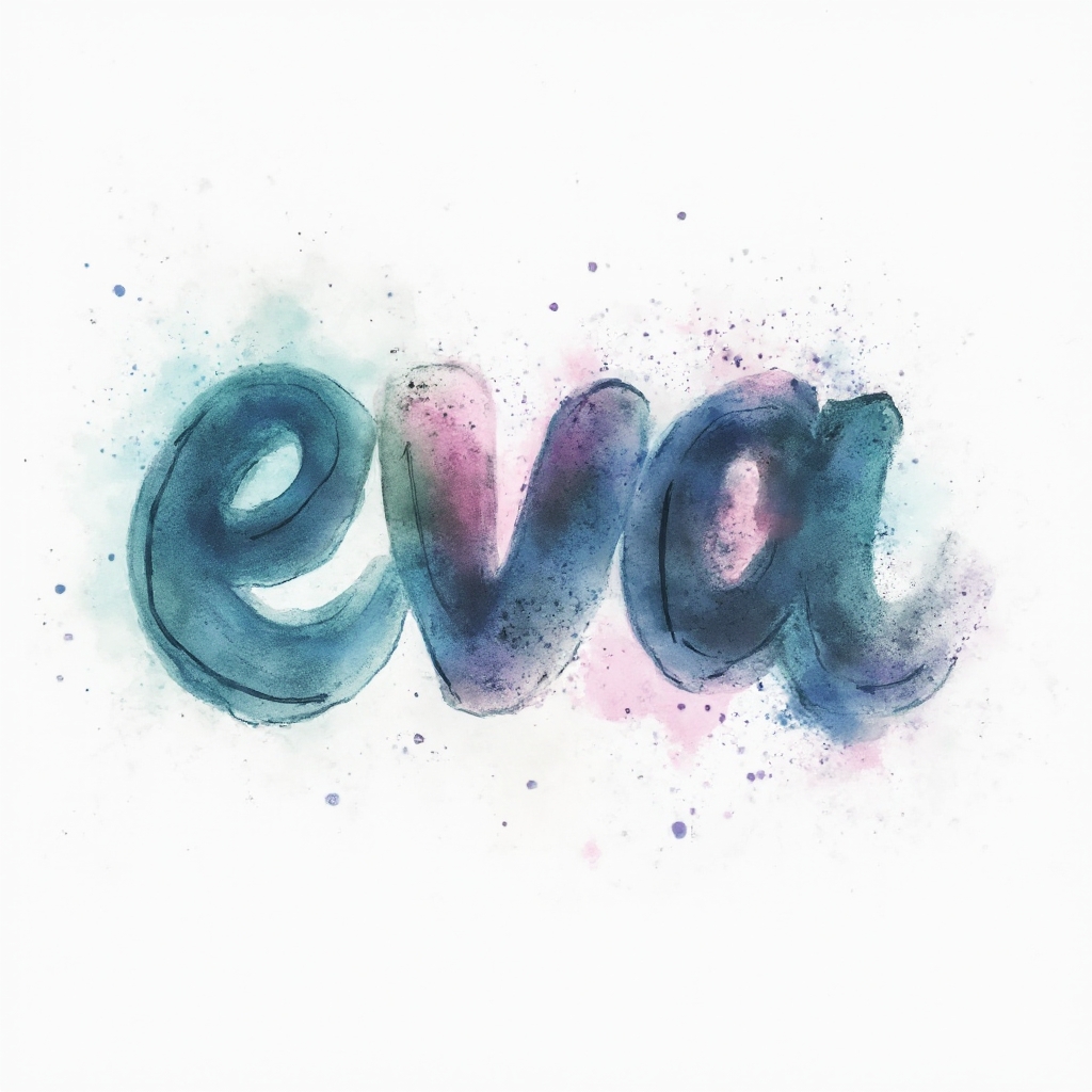 Watercolor tattoo concept where the name eva is formed by colorful flowing brush strokes and splashes on a white background.