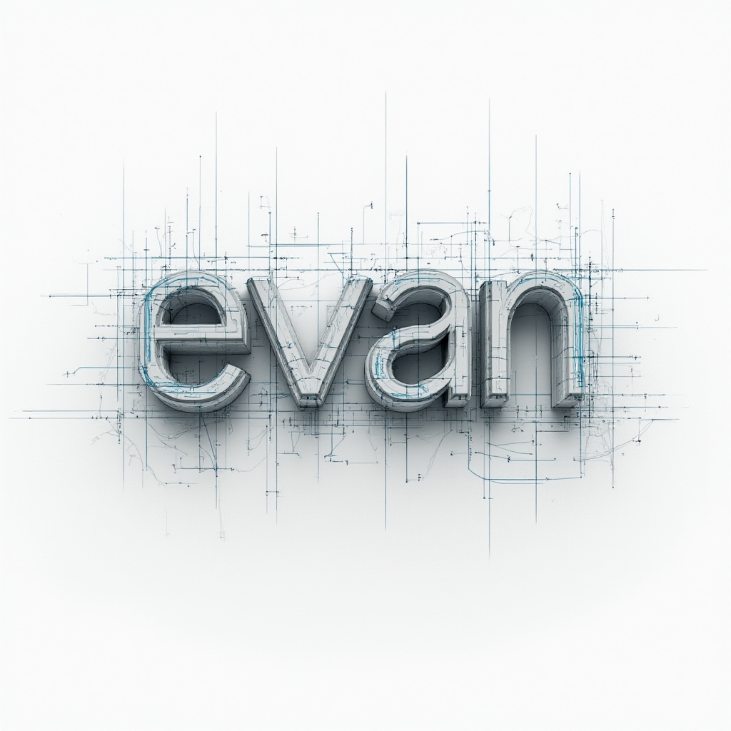 Futuristic geometric tattoo design where the name evan is built from 3D letter structures on a white background.