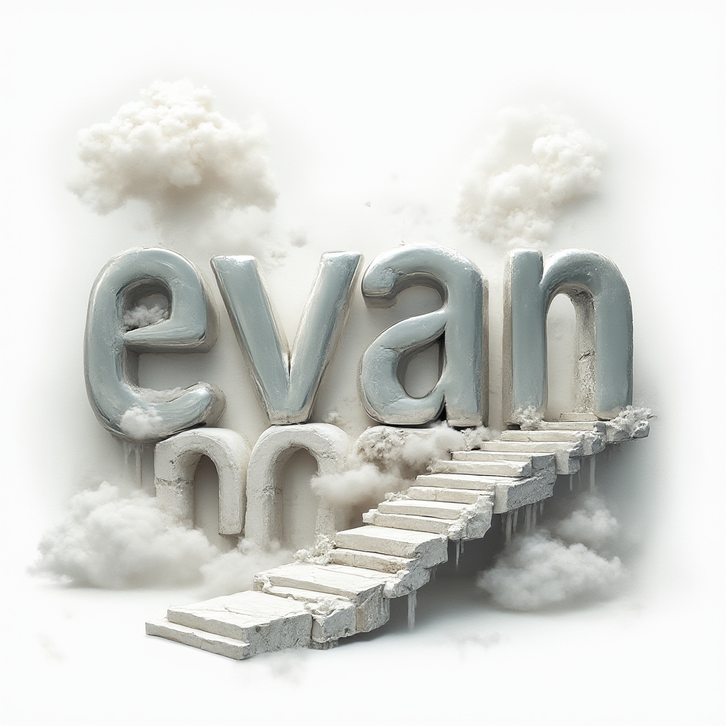 Surreal dreamscape tattoo design where the name evan becomes floating architectural forms on a white background.