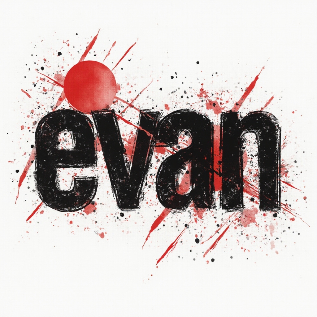 Trash Polka style tattoo design where the name evan is built from bold black and red distressed elements on a white background.