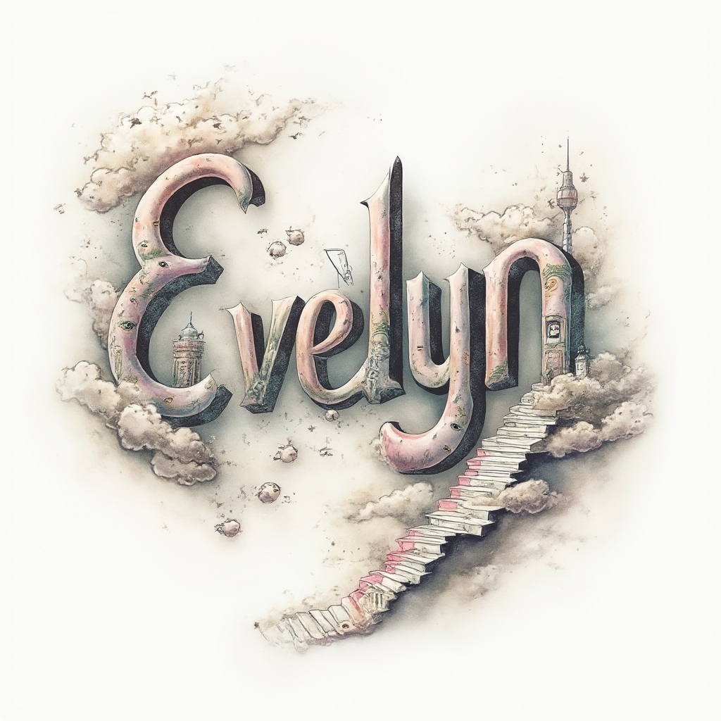 Surrealist artistic lettering of the name evelyn with melting, floating shapes on a white background