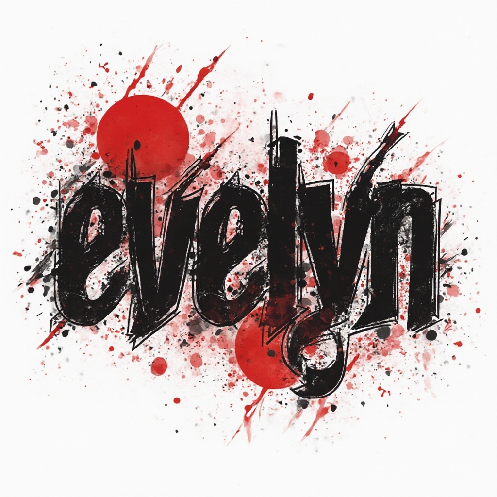 Trash Polka style black and red stylized lettering of the name evelyn on a white background