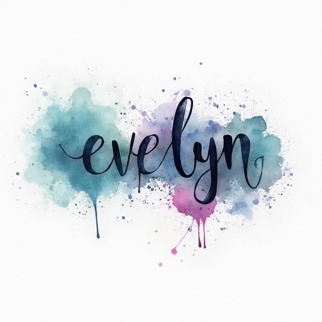 Watercolor-style artistic lettering of the name evelyn with vibrant splashes on white background