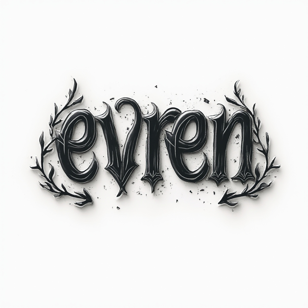 ornamental black and gray 3D-style lettering tattoo concept of the name evren on white