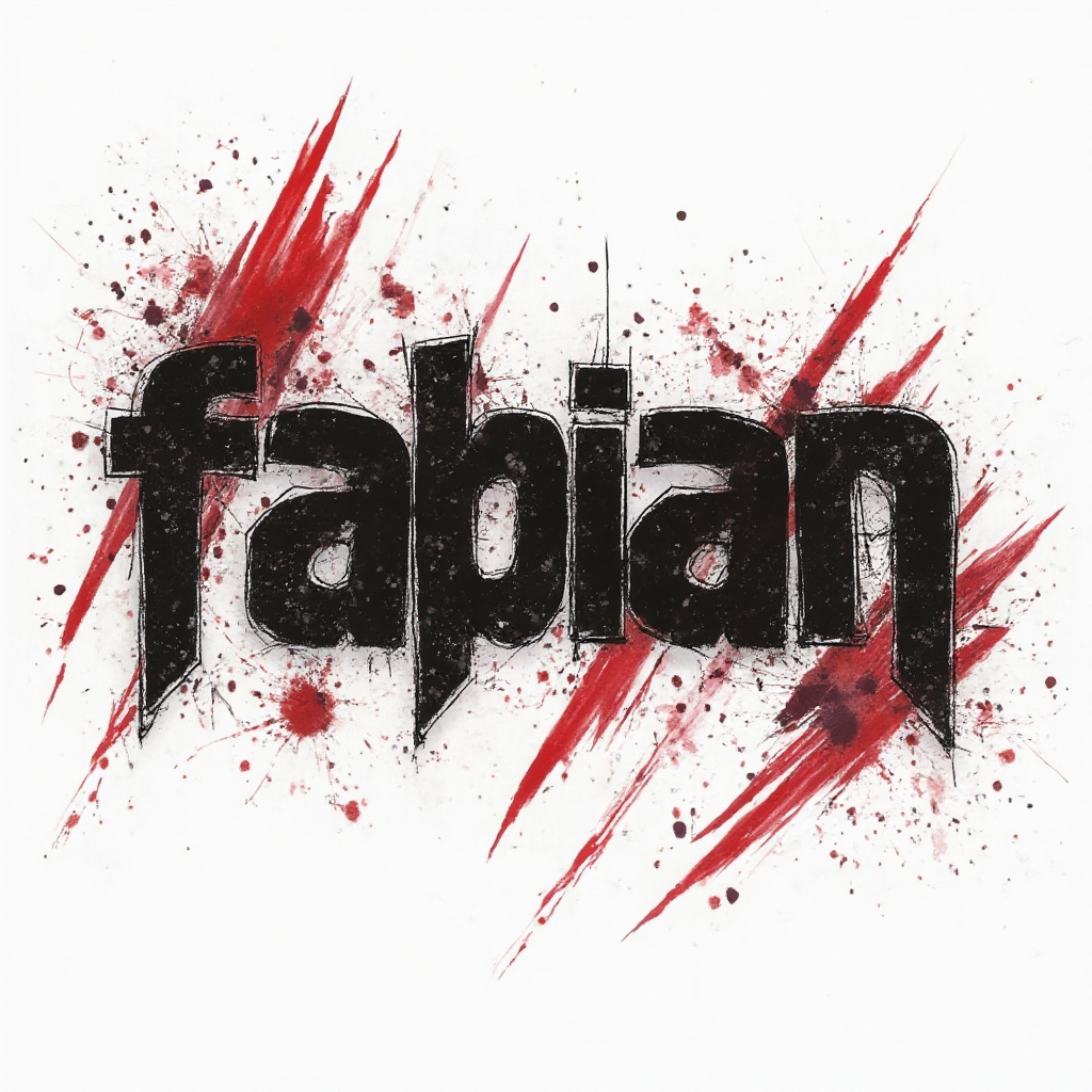 Trash Polka tattoo concept of the name fabian in bold distressed black and red lettering on a white background.