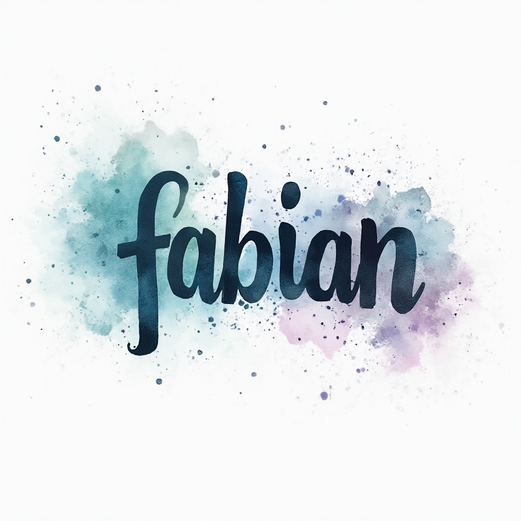 Watercolor splash name tattoo concept featuring stylized calligraphy of the name fabian on a white background.