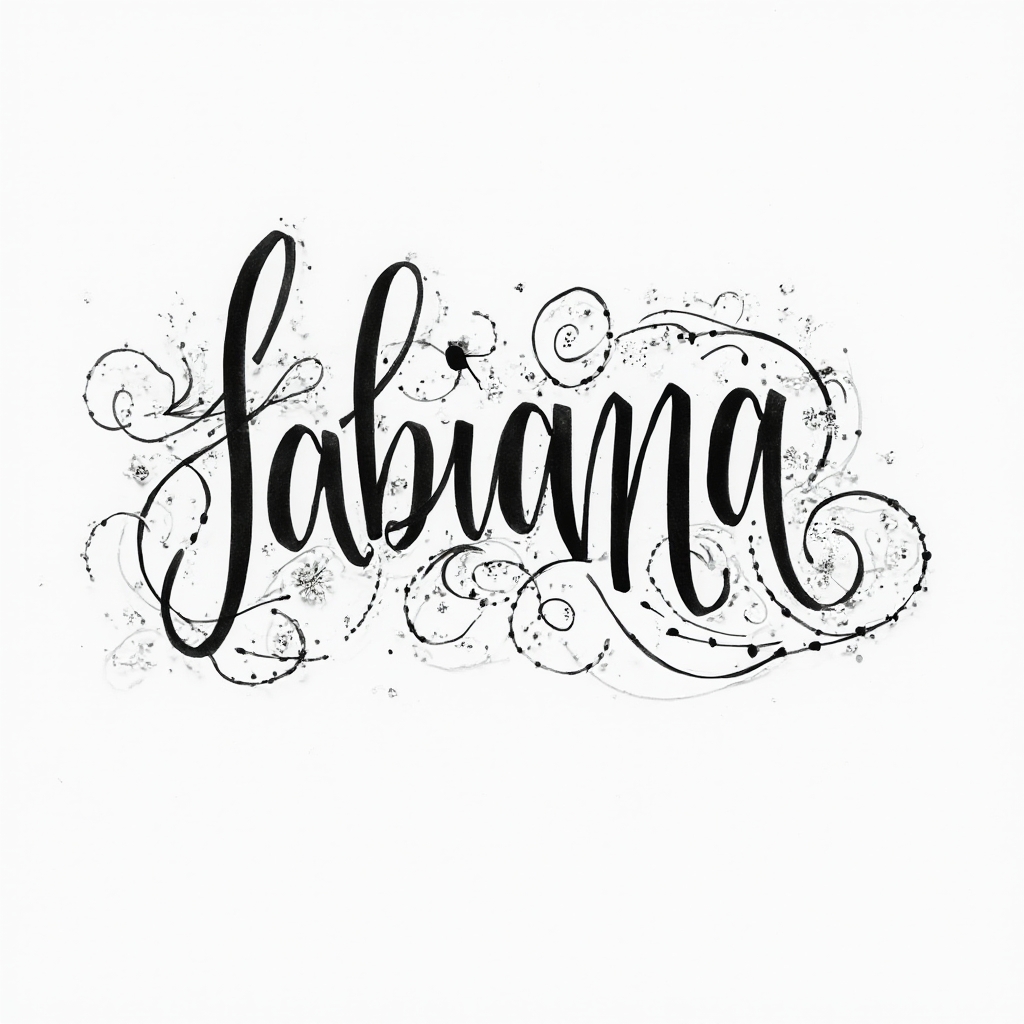Elegant black-ink tattoo concept where the name fabiana is formed by flowing stylized lettering with ornamental details on a white background.