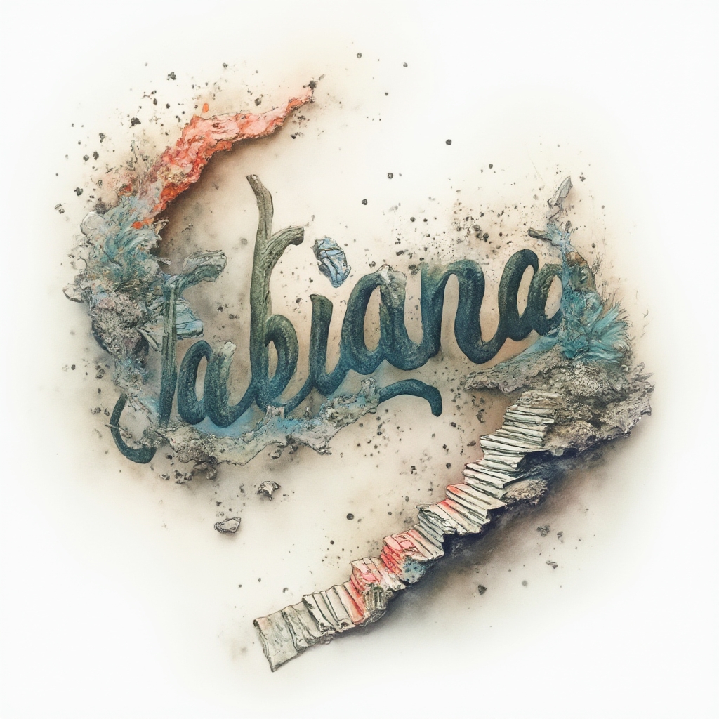 Surrealism tattoo design where the name fabiana is formed from dreamlike architectural and organic shapes on a white background.