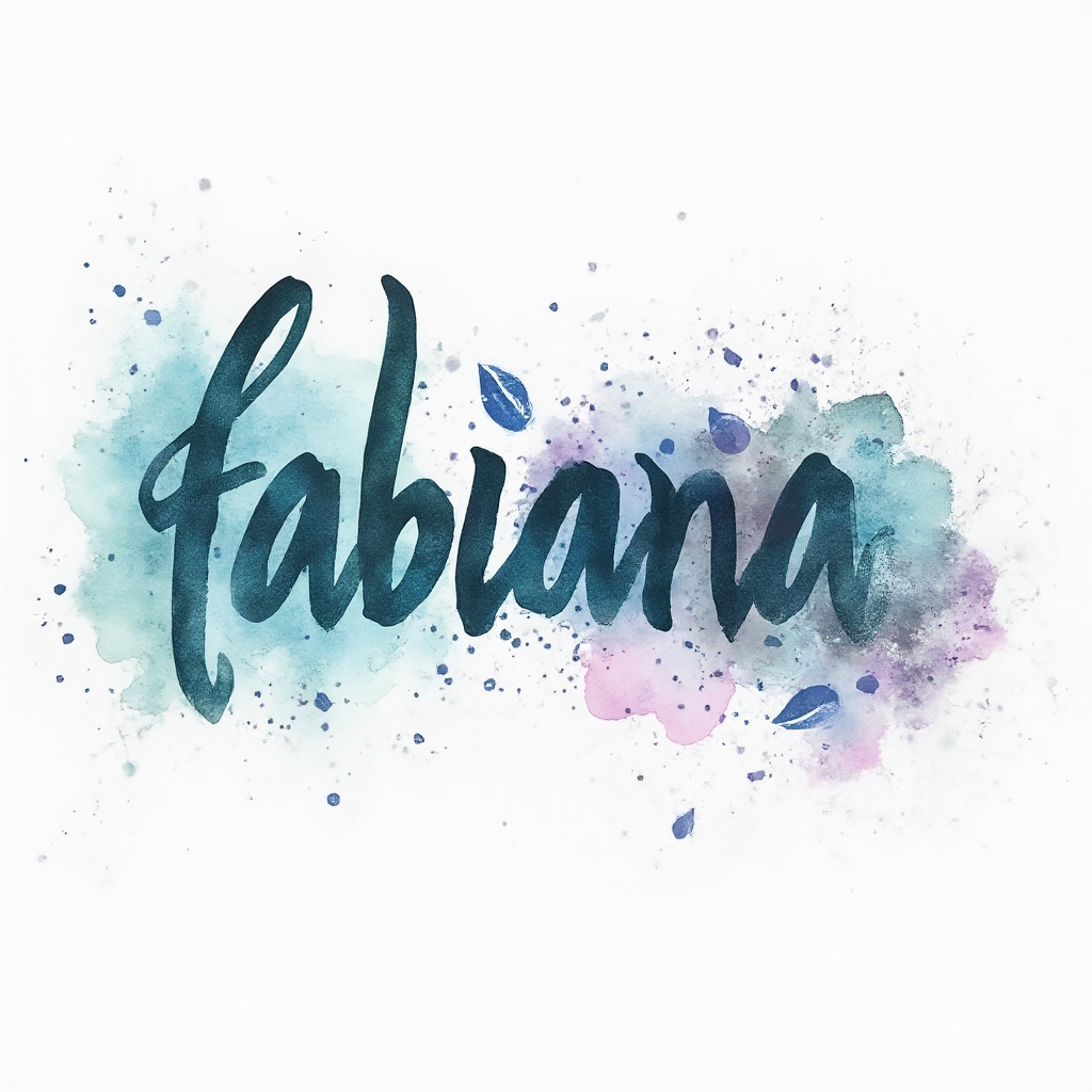 Watercolor tattoo concept where the name fabiana is formed by colorful flowing brushstroke lettering on a white background.