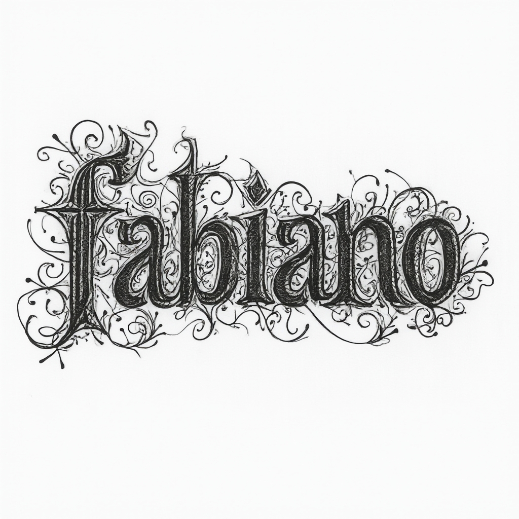 Monochrome tattoo concept where the name fabiano is built from intricate interlocking ornamental linework on a white background