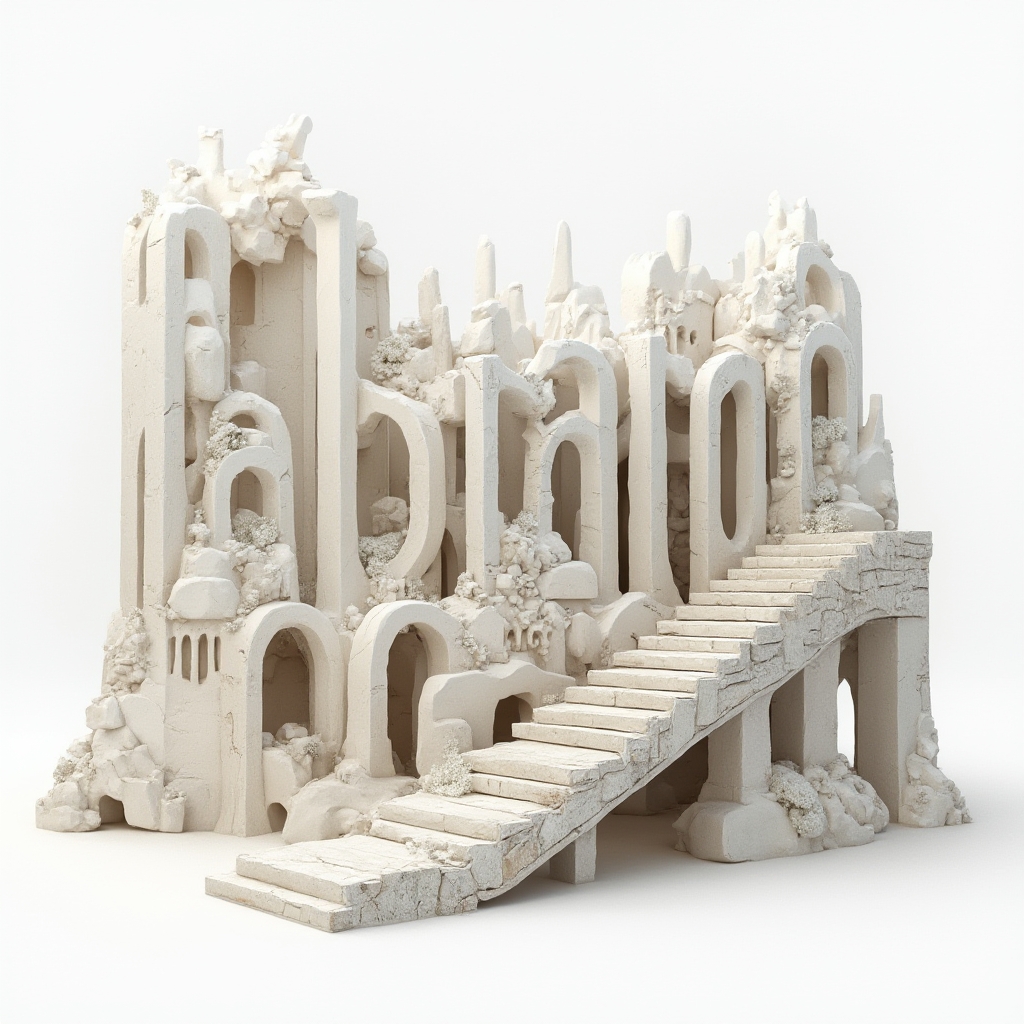 Surreal tattoo concept where the name fabiano becomes floating architectural letterforms in a dreamlike composition on a white background