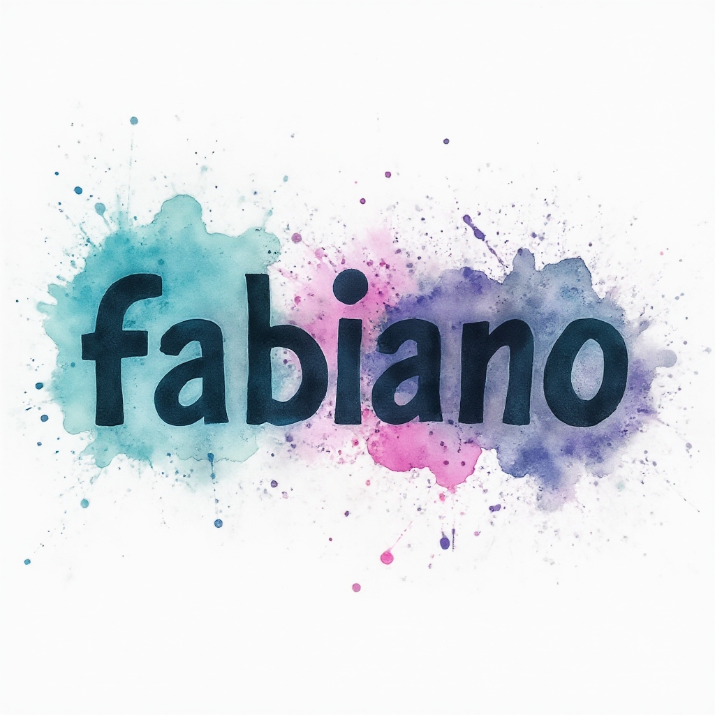 Watercolor tattoo concept where the name fabiano is formed by colorful brushlike lettering with splashes and drips on a white background