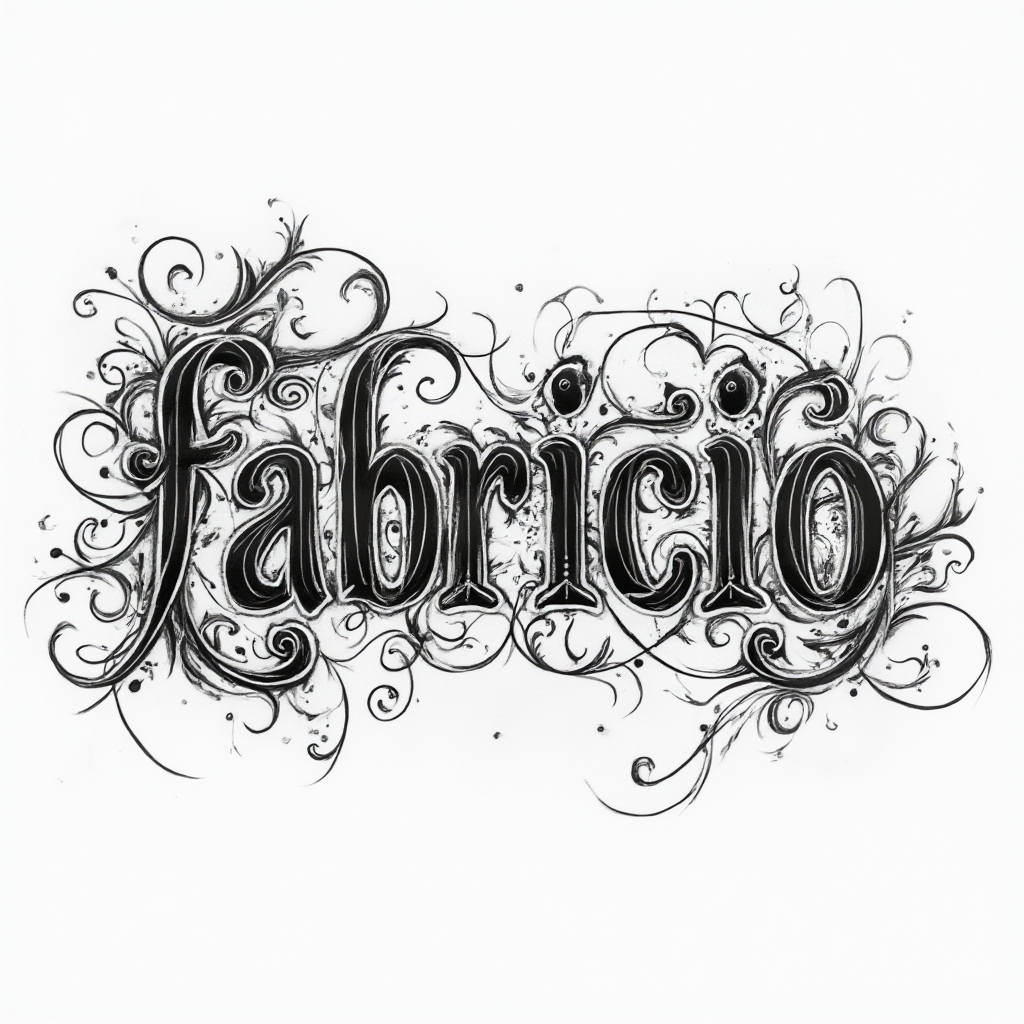 Ornamental blackwork tattoo concept where the name fabricio is integrated into detailed scrollwork on a white background.
