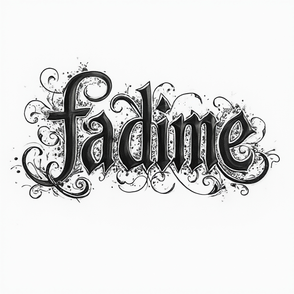 Ornate black-ink tattoo design where the name fadime is formed from dense decorative linework on white.