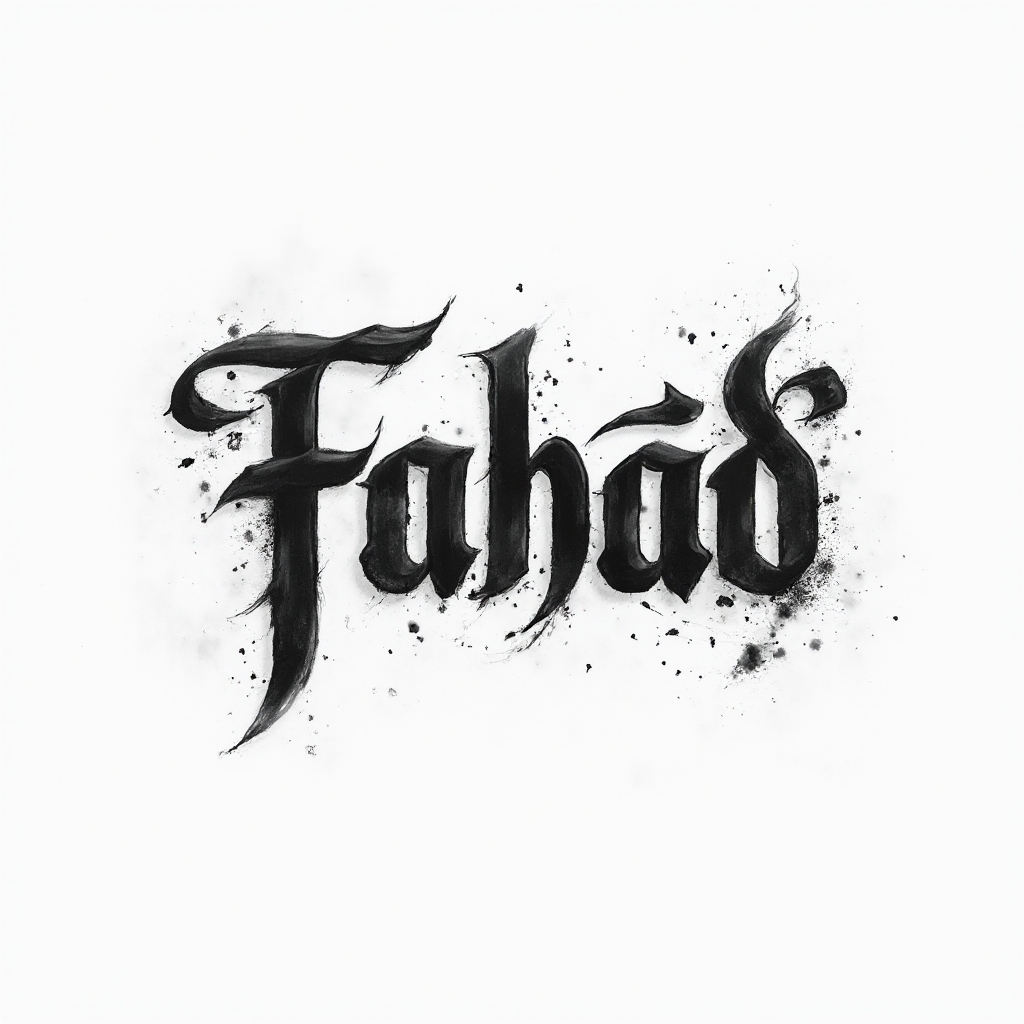 Bold sculpted black ink lettering tattoo concept where the name fahad is formed by dynamic flowing strokes on a white background.