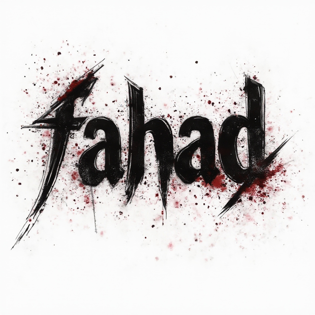Trash Polka-style tattoo concept where the name fahad is built from bold black and red distressed lettering on a white background.