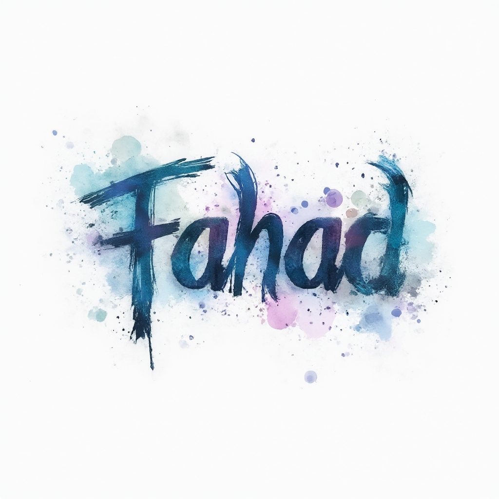 Watercolor tattoo concept where the name fahad is formed by colorful flowing brushstroke lettering on a white background.