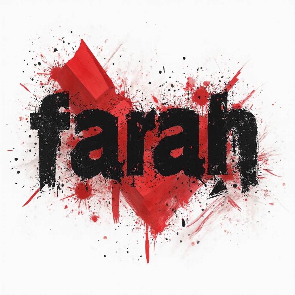 Trash Polka tattoo concept with the name farah in distressed black lettering with bold red splashes on a white background.