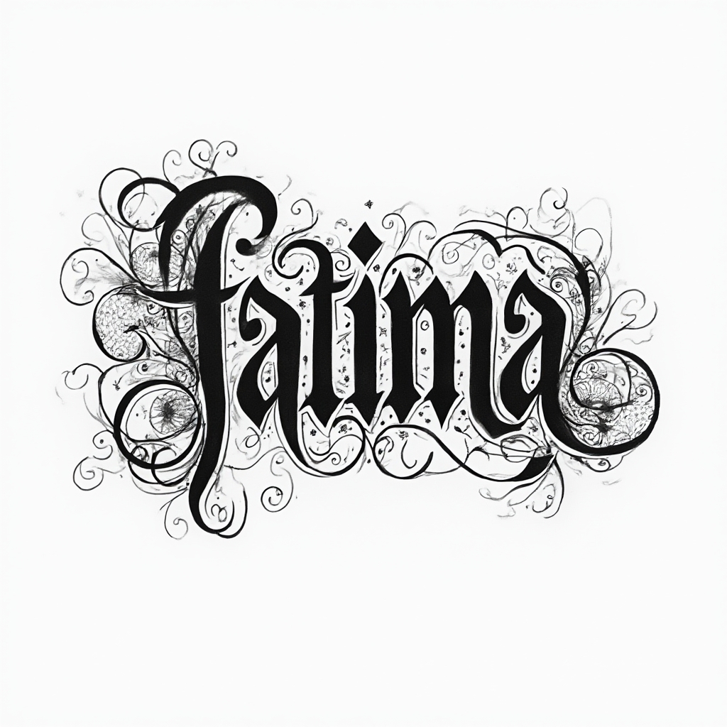 Ornamental black ink tattoo concept of the name fatima built from intricate decorative lettering on a white background